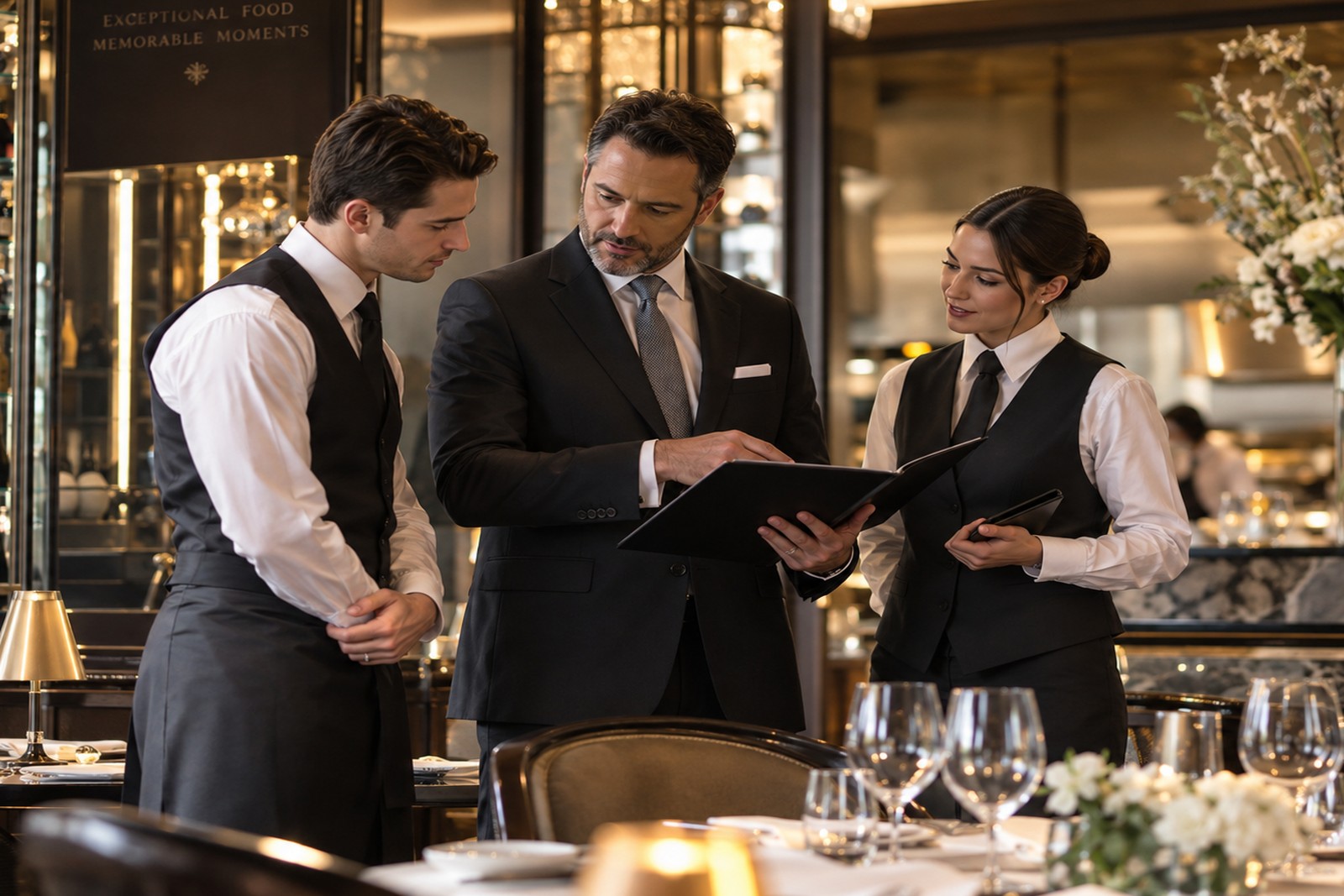 Restaurant manager briefing hospitality team in a luxury dining space
